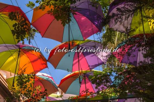 Farbenfrohe Überdachung aus Regenschirmen